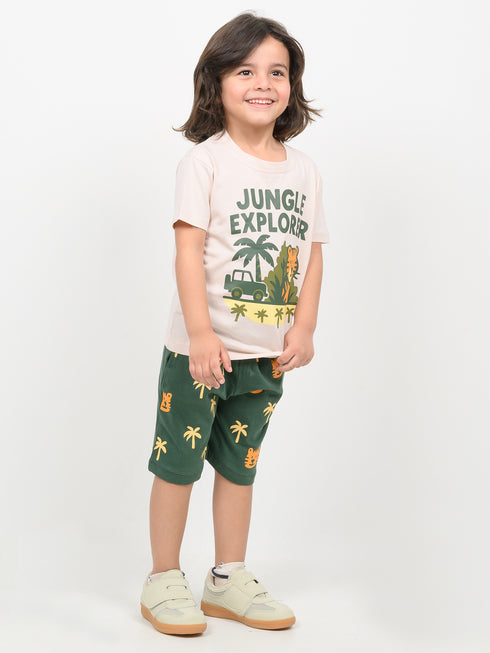 Jungle Explorer Cotton Short Set (Ivory & Dark Green)