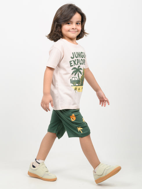 Jungle Explorer Cotton Short Set (Ivory & Dark Green)
