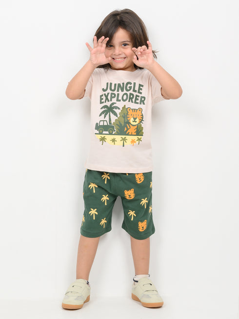 Jungle Explorer Cotton Short Set (Ivory & Dark Green)