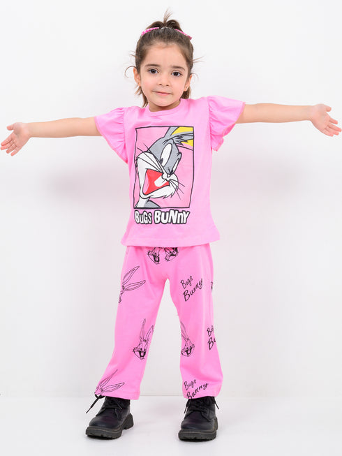 Frill Sleeves Bunny Themed Cotton Trouser Set (Candy Pink)