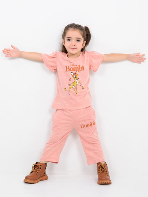 Frill Sleeves Bambi Themed Cotton Trouser Set (Peach)