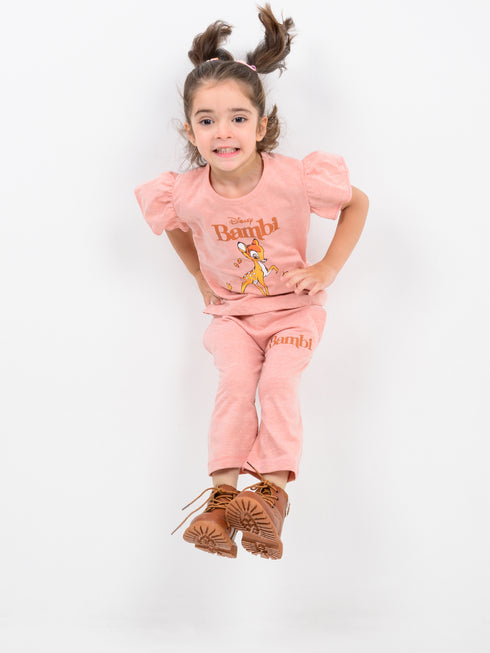 Frill Sleeves Bambi Themed Cotton Trouser Set (Peach)