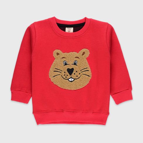 Bear Towel Print Fleece Sweatshirt (Red)