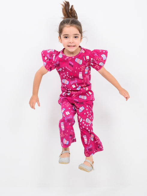 Frill Sleeves Cozy Candy Crush Cotton Trouser Set (Berry Bliss)