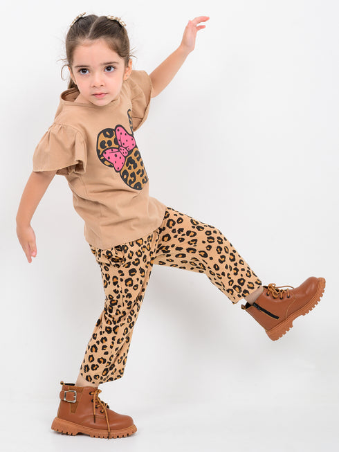Frill Sleeves Minnie leopard Themed Cotton Trouser Set (Caramel Wild)