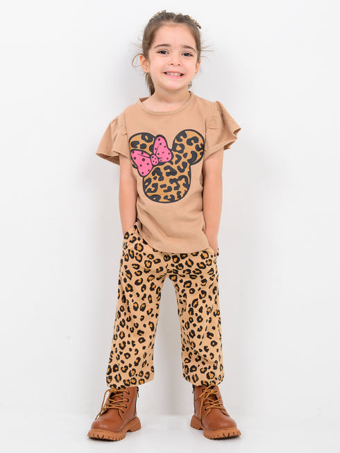 Frill Sleeves Minnie leopard Themed Cotton Trouser Set (Caramel Wild)
