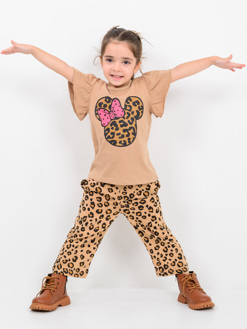 Frill Sleeves Minnie leopard Themed Cotton Trouser Set (Caramel Wild)