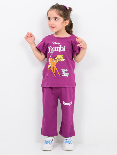 Frill Sleeves Bambi Themed Cotton Trouser Set (Mulberry)