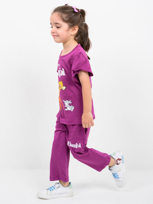 Frill Sleeves Bambi Themed Cotton Trouser Set (Mulberry)