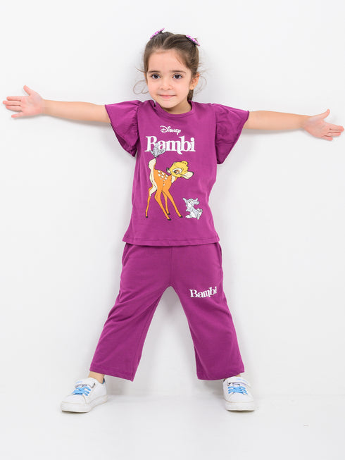Frill Sleeves Bambi Themed Cotton Trouser Set (Mulberry)