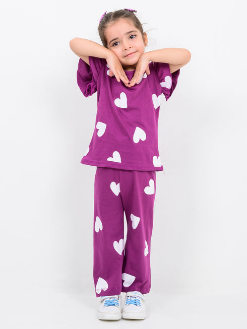 Frill Sleeves Heart Pop Cotton Trouser Set (Purple)