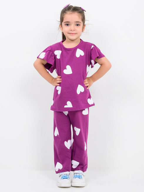 Frill Sleeves Heart Pop Cotton Trouser Set (Purple)