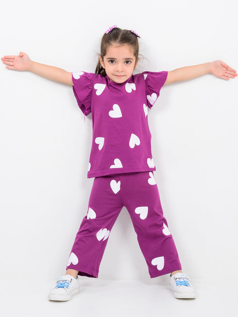 Frill Sleeves Heart Pop Cotton Trouser Set (Purple)