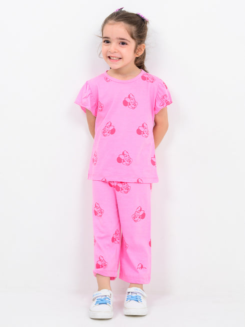 Frill Sleeves Minnie Themed Cotton Trouser Set (Pink)