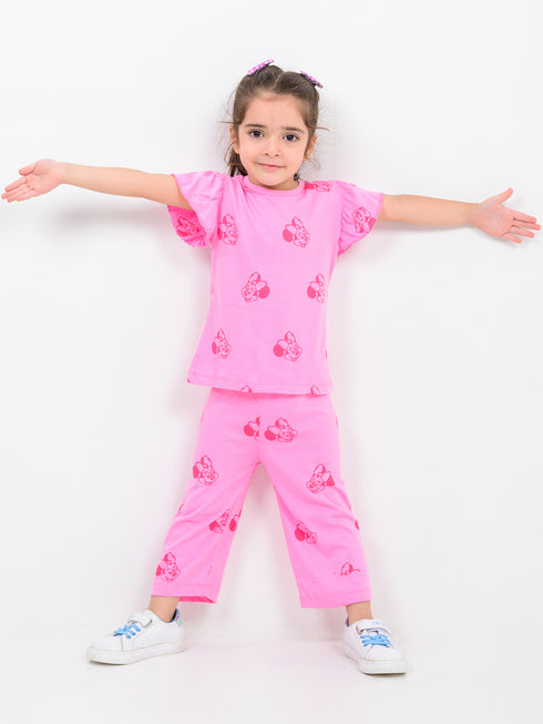 Frill Sleeves Minnie Themed Cotton Trouser Set (Pink)