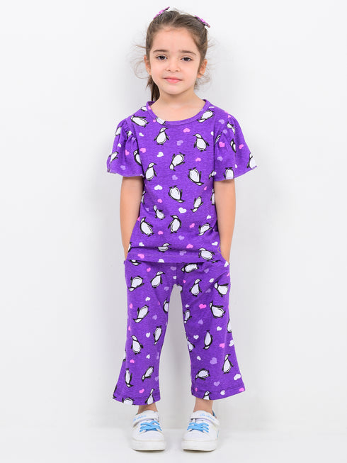 Frill Sleeves Penguin Themed Cotton Trouser (Frostberry Purple)