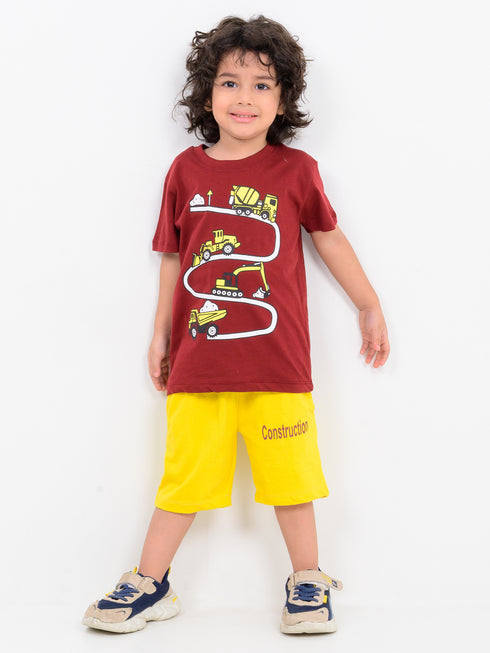 Under Construction Combo Cotton Short Set (Maroon-Yellow)
