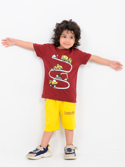 Under Construction Combo Cotton Short Set (Maroon-Yellow)