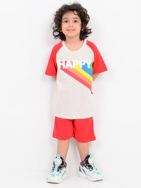 Always Be Happy Raglan Cotton Short Set (Cream-Red)