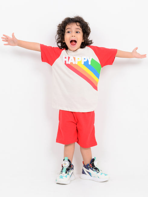 Always Be Happy Raglan Cotton Short Set (Cream-Red)