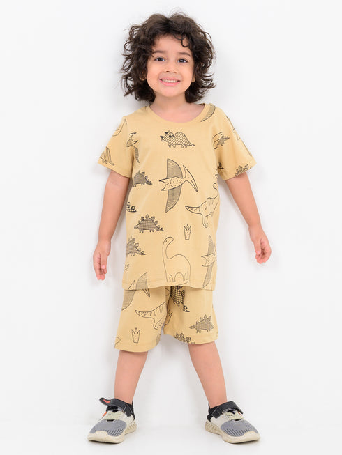 Dino Doodle Cotton Short Set (Safari Beige)
