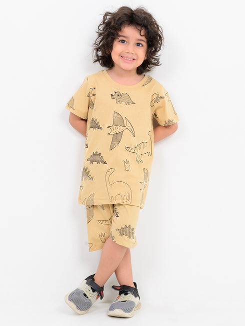 Dino Doodle Cotton Short Set (Safari Beige)
