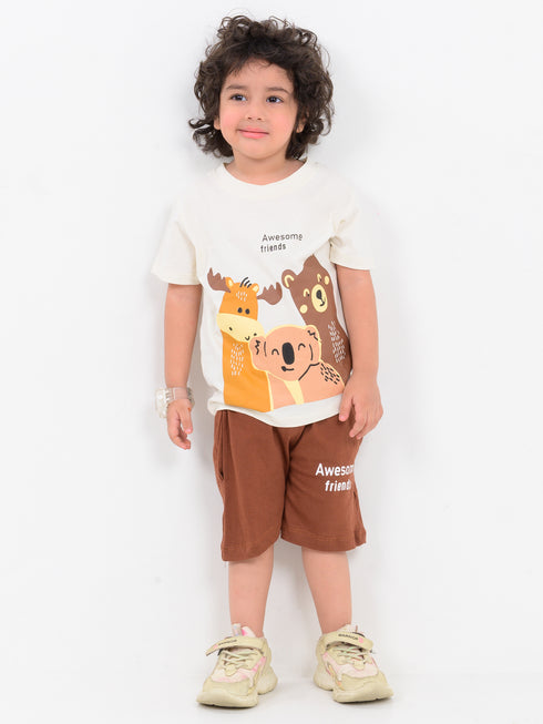 Awesome Friends Cotton Short Set (Cream & Brown)