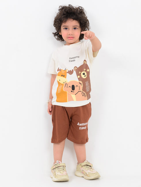Awesome Friends Cotton Short Set (Cream & Brown)