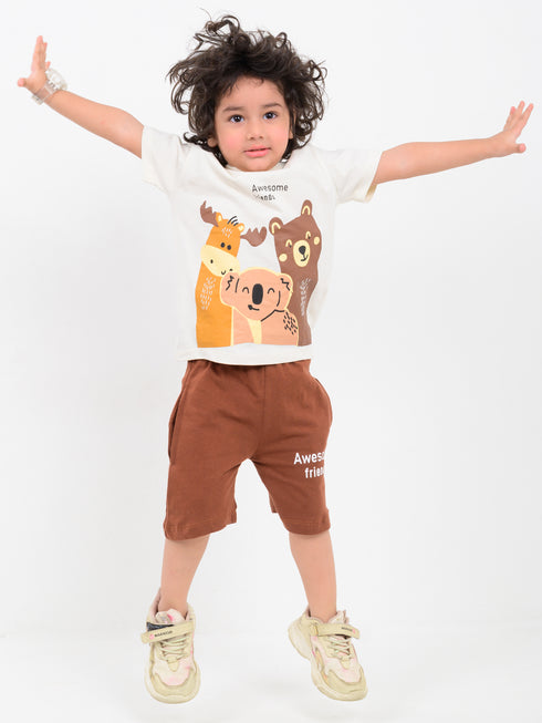 Awesome Friends Cotton Short Set (Cream & Brown)