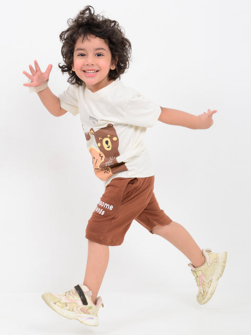 Awesome Friends Cotton Short Set (Cream & Brown)