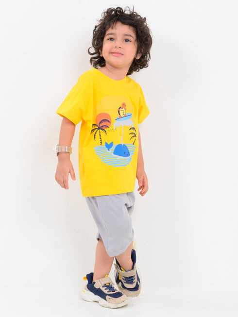 Whale and Wave Cotton Short Set (Yellow & Mist Grey)