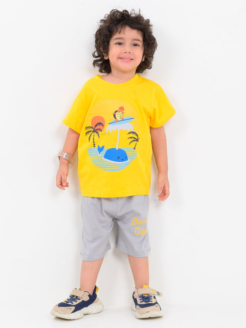 Whale and Wave Cotton Short Set (Yellow & Mist Grey)