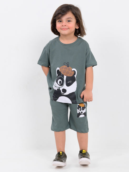 Oversized Detective Panda Cotton Short Set (Dark Green)
