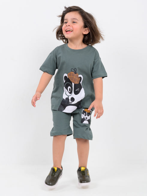 Oversized Detective Panda Cotton Short Set (Dark Green)