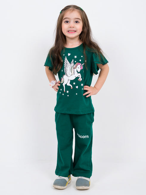 Unicorn Themed Cotton Trouser Set (Dark Green)