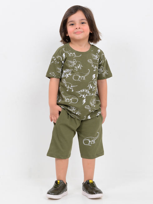 Oversized Dino Days Cotton Short Set (Dino Olive)