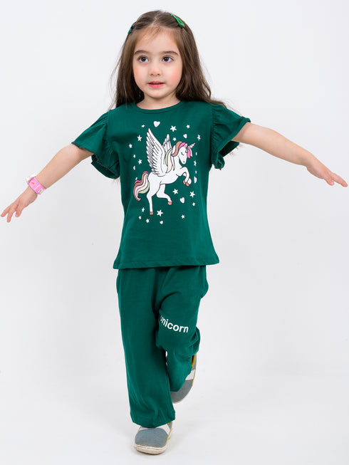 Unicorn Themed Cotton Trouser Set (Dark Green)