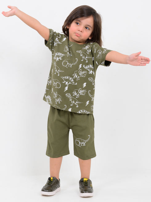 Oversized Dino Days Cotton Short Set (Dino Olive)