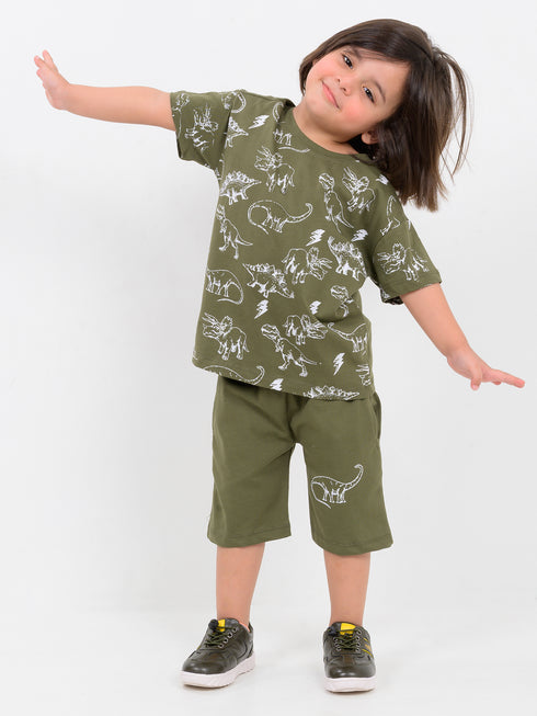 Oversized Dino Days Cotton Short Set (Dino Olive)