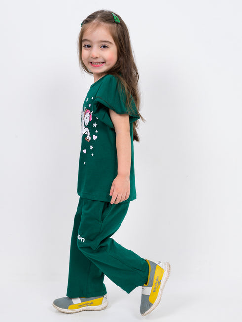 Unicorn Themed Cotton Trouser Set (Dark Green)
