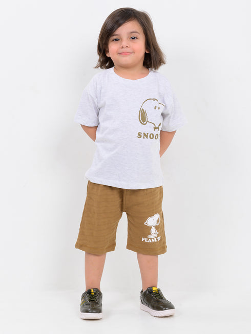 Oversized Little Snoopy Explorer Cotton Short Set (Ash Grey & Cocoa)