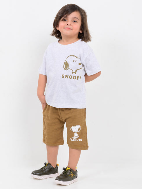 Oversized Little Snoopy Explorer Cotton Short Set (Ash Grey & Cocoa)