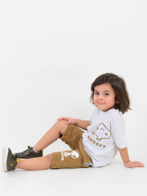 Oversized Little Snoopy Explorer Cotton Short Set (Ash Grey & Cocoa)