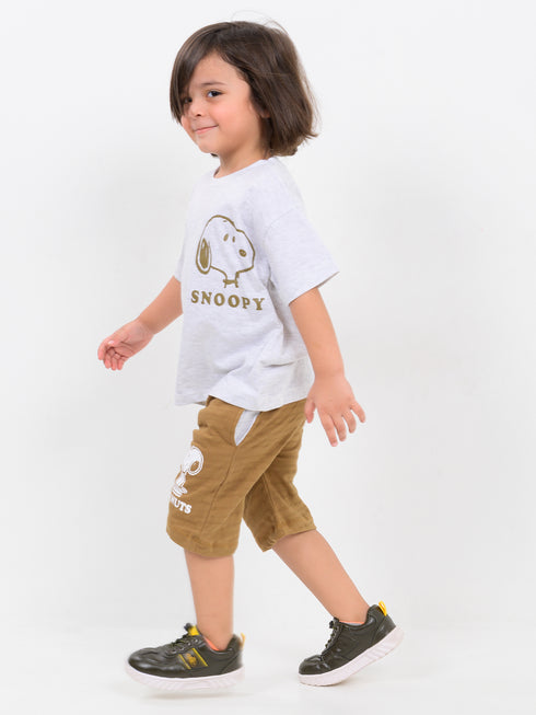 Oversized Little Snoopy Explorer Cotton Short Set (Ash Grey & Cocoa)