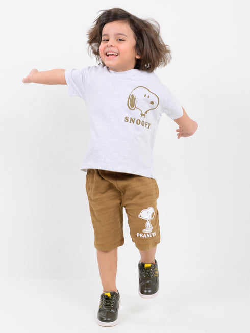 Oversized Little Snoopy Explorer Cotton Short Set (Ash Grey & Cocoa)