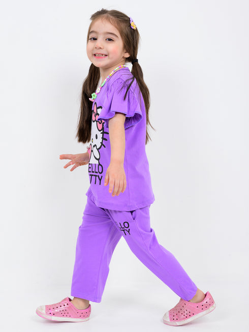 Hello Kitty Frill Sleeves Cotton Trouser Set (Purple)