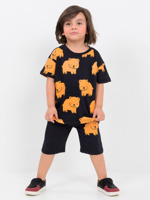 Oversized Bold Bear Cotton Short Set (Bear Black)