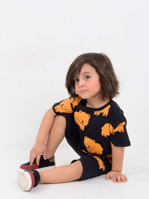 Oversized Bold Bear Cotton Short Set (Bear Black)