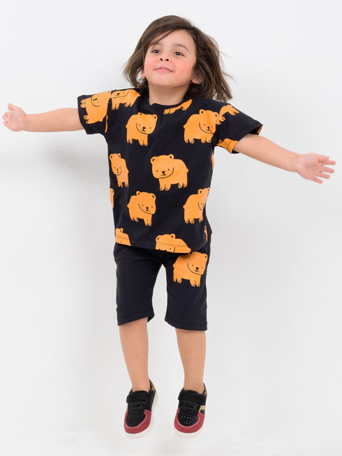 Oversized Bold Bear Cotton Short Set (Bear Black)