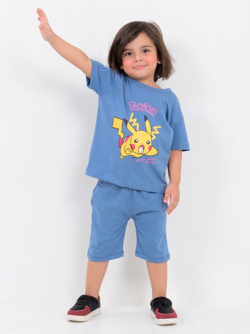 Oversized Pikachu Zoomie Cotton Short Set (ZapWave Blue)